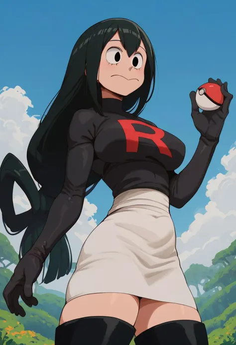 score_9, score_8_up,score_7_up, score_6_up, score_5_up, score_4_up,score_9, score_8_up, score_7_up, tsuyu asui, long hair, black hair, black eyes, low-tied long hair, hair rings, <lora:IncaseLycoXL:0.95> standing pose, cowboy shot, 1girl, white croped jacked, white skirt, black arm length gloves, black thigh high boots, team rocket uniform, holding pokeball, outdoors setting, blue sky, clouds,