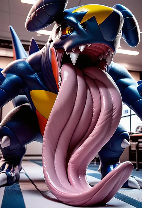 score_9, score_8_up, score_7_up, Garchomp, long tongue, (hyper tongue:1.4), (multi tongues:1.7), (length of tongues are three times longer than whole height:1.5), (extremely hyper tongue bigger than whole height:1.5), (multi tongue:1.5), feral, fighting pose, inside tiny room entirely filled with hyper tongues, high quality perspective