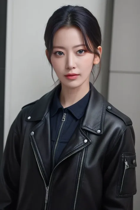 sakura1 1girl, solo, (realistic), (hyperrealism), (best quality), (masterpiece), (ultra high res), (ultradetailed), (photorealistic), (upper body:1.2), looking at the viewer, black jacket, at the studio, light eye makeup, detailed eyes, detailed face, <lora:Xsakura:1:lbw=FACES>