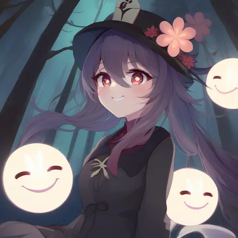 a cute girl in a forest at nigth, smile, flower-shaped pupils, ambient light, (detailed face, detailed body: 1.4) <lora:Hu Tao:1>