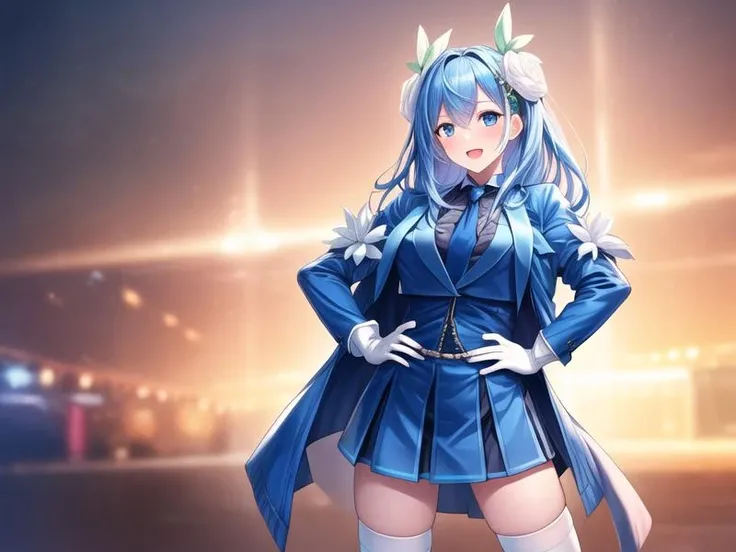 1girl, <lora:Aromage_Rosemary_v1:0.7>romage_Rosemary,blue hair, hair ornament, blue shirt, blue jacket, blue skirt, white thighhighs, white gloves,, <lora:flatBG:-0.6> ,<lora:flat2:-0.6>,(dark light:1.2),(hyper extreme detailed),(masterpeace:0.5),(hyper extreme),(photorealistic),game cg,llustration,novel illustration,beautiful lighting,light from the front,good_hands,BREAK, <lora:GoodHands-beta2:1>,(good hand,nice hands, perfect hands:1.2),(five finger:1.5),, standing,hand on hip, BREAK