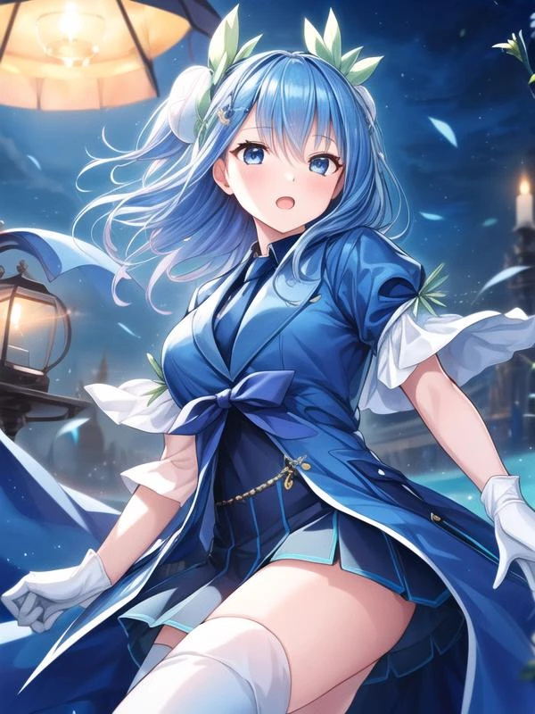 1girl, <lora:Aromage_Rosemary_v1:0.8>romage_Rosemary,blue hair, hair ornament, blue shirt, blue jacket, blue skirt, white thighhighs, white gloves,, <lora:flatBG:-0.6> ,<lora:flat2:-0.6>,(dark light:1.2),(hyper extreme detailed),(masterpeace:0.5),(hyper extreme),(photorealistic),game cg,llustration,novel illustration,beautiful lighting,light from the front,good_hands,BREAK