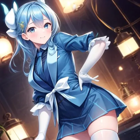 1girl, <lora:Aromage_Rosemary_v1:0.7>romage_Rosemary,blue hair, hair ornament, blue shirt, blue jacket, blue skirt, white thighhighs, white gloves,, <lora:flatBG:-0.6> ,<lora:flat2:-0.6>,(dark light:1.2),(hyper extreme detailed),(masterpeace:0.5),(hyper extreme),(photorealistic),game cg,llustration,novel illustration,beautiful lighting,light from the front,good_hands,BREAK, <lora:GoodHands-beta2:1>,(good hand,nice hands, perfect hands:1.2),(five finger:1.5),, standing,hand on hip, BREAK