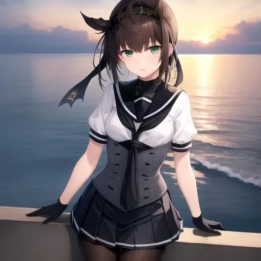 ((masterpiece)),(best quality),official art,extremely detailed CG,unity 8k wallpaper,ultra detailed,A lighthouse on a cliff by the sea,1girl,solo,cowboy shot,hair_flaps,short_hair,school_uniform,serafuku,pleated_skirt,headband,black_skirt,brown_hair,green_eyes,hachimaki,black_gloves,corset,miniskirt,rudder_footwear,sailor_collar,hairband,black_bodysuit,anchor_symbol,short_sleeves,grey_footwear,black_pantyhose,black_neckerchief,<lora:Hatsuzuki(kan)>,