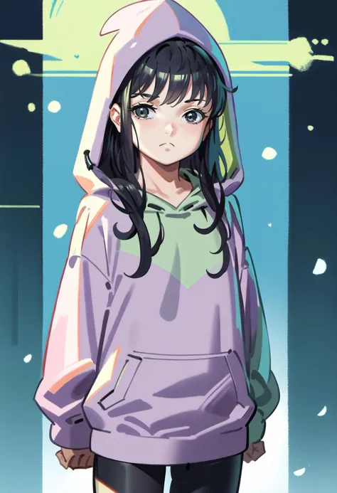 score_9, score_8_up, source_anime, alphonsestyle,
TsutsumiKinuka, 1girl, solo, long hair, bangs,  black hair, black eyes, green oversized hoodie, hood up, good hands, perfect hands, arms behind back, 
<lora:Tsutsumi_Kinuka_XL:0.8>,
<lora:onizuka_naoshi_style_pony6_v1:0.5>
<lora:CitronAnimeTreasure:0.6>,