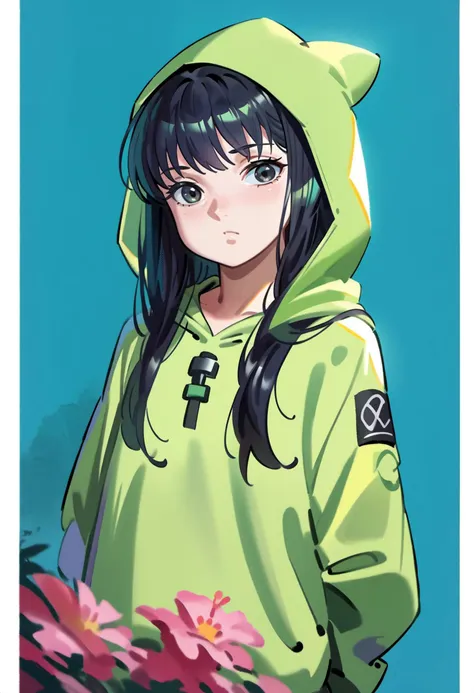 score_9, score_8_up, source_anime, alphonsestyle,
TsutsumiKinuka, 1girl, solo, long hair, bangs,  black hair, black eyes, green oversized hoodie, hood up, good hands, perfect hands, arms behind back, 
<lora:Tsutsumi_Kinuka_XL:0.8>,
<lora:onizuka_naoshi_style_pony6_v1:0.5>
<lora:CitronAnimeTreasure:0.6>,