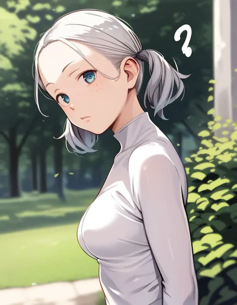 score_9, score_8_up, score_7_up, 1girl in a park, silver hair, short twintails, medium breasts, from side, looking at viewer, freckles, standing, forehead, shrug \(clothing\), head tilt, ?
 <lora:onizuka_naoshi_style_pony6_v1-000036:1>,