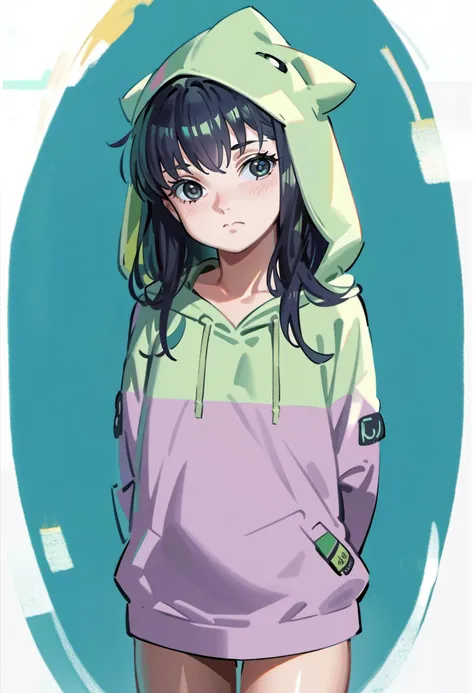 score_9, score_8_up, source_anime, alphonsestyle,
TsutsumiKinuka, 1girl, solo, long hair, bangs,  black hair, black eyes, green oversized hoodie, hood up, good hands, perfect hands, arms behind back, 
<lora:Tsutsumi_Kinuka_XL:0.8>,
<lora:onizuka_naoshi_style_pony6_v1:0.5>
<lora:CitronAnimeTreasure:0.6>,