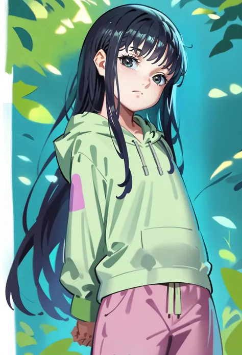 score_9, score_8_up, source_anime, alphonsestyle,
TsutsumiKinuka, 1girl, solo, long hair, bangs,  black hair, black eyes, green oversized hoodie, hood up, good hands, perfect hands, arms behind back, 
<lora:Tsutsumi_Kinuka_XL:0.8>,
<lora:onizuka_naoshi_style_pony6_v1:0.5>
<lora:CitronAnimeTreasure:0.6>,