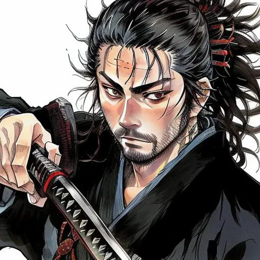 miyamoto musashi,kimono,scar,long hair,beard,holding katana,manga,colorful,  (<lora:Musashi Miyamotov1:1>:0.8)