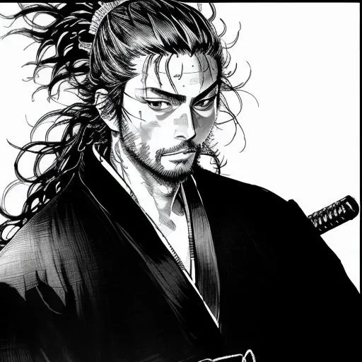 miyamoto musashi,kimono,scar,long hair,beard,,manga,black and white,looking at camera,handsome,charismatic (<lora:Musashi Miyamotov1:1>:0.8)