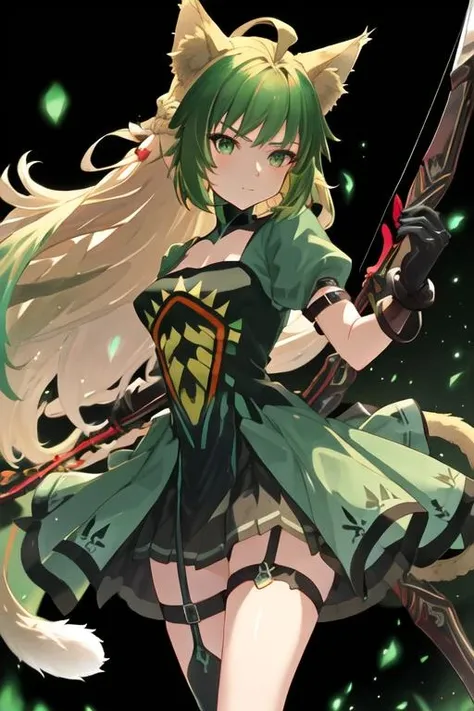 best quality, masterpiece, highres, solo, {atalanta_fgo:1.15}, animal_ears, cat_ears, green_hair, long_hair, green_eyes, multicolored_hair, blonde_hair, ahoge, two-tone_hair, bangs, gradient_hair, breasts, 1girl, bow_\(weapon\), dress, holding_weapon, thighhighs, weapon, gloves, holding, puffy_sleeves, short_sleeves, tail, cat_tail, holding_bow_\(weapon\), black_thighhighs, green_dress, puffy_short_sleeves
