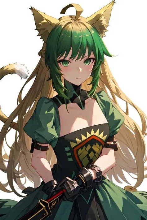 best quality, masterpiece, highres, solo, {atalanta_fgo:1.15}, animal_ears, cat_ears, green_hair, long_hair, green_eyes, multicolored_hair, blonde_hair, ahoge, two-tone_hair, bangs, gradient_hair, breasts, 1girl, bow_\(weapon\), dress, gloves, looking_at_viewer, puffy_sleeves, short_sleeves, weapon, braid, puffy_short_sleeves, simple_background, white_background, cat_tail, tail