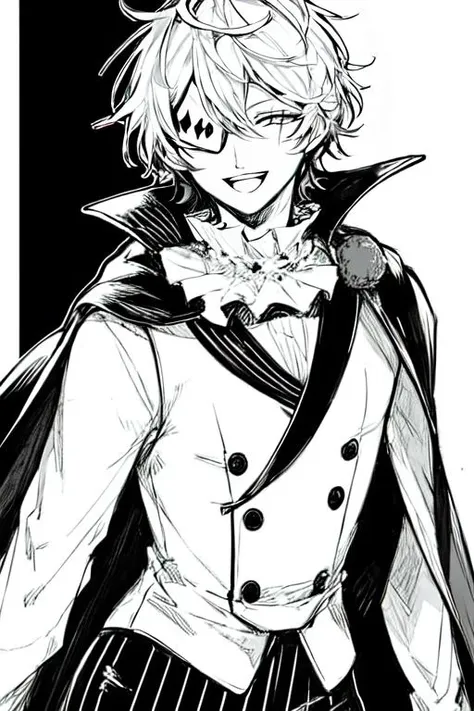 <lora:Nikolai_Gogol_-_Bungo_Stray_Dogs_Manga:1>, Monochrome, ruffled collar, eyepatch, white hair, 1boy, male focus, comic, solo, open mouth, smile, hair between eyes