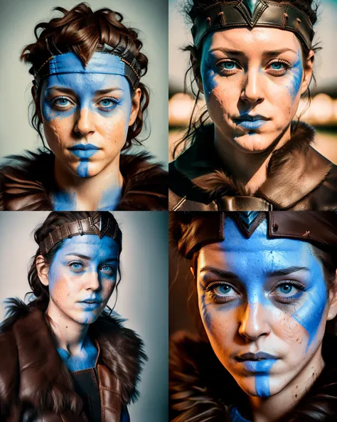 (portrait shot:1.1) stunning intricate photo of a woman as was-senua with blue facepaint, (extreme detail:1.2), (photorealistic, hyperrealistic:1.0), (detailed skin, visible pores:1.0), (detailed eyes, focus on the eyes:1.3), (leather and fur clothing:1.2), (sweat, scars, dirt, mud, blood:0.7), sharp focus, (cinematic lighting, dark lighting:1.1), (dynamic angle:1.0)