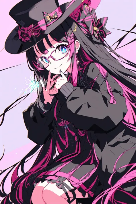 1girl, mature female, sexy, bag, black hair, black jacket, blue eyes, closed umbrella, colorful, glasses, hair bow, hair ribbon, hairclip, hand in pocket, hands up, hat, holding, long hair, looking at viewer, pink background, pink hair, plant, psychogenic dream style, sitting, smile, socks, solo, striped, top hat, <lora:PsychogenDreamLora:0.8> LimitBreakStyler Best_QualityPos BodyPositive Cent-Angle Earth-QualityPos