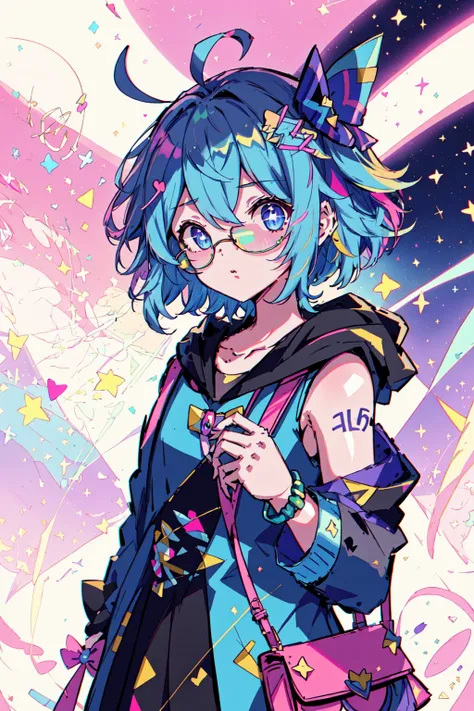 1boy, 1girl, ahoge, bag, bandaid on arm, black hair, blue eyes, bow, bracelet, dress, green hair, hair ornament, heart, hood, jacket, long sleeves, looking at viewer, phone, pink hair, pokemon, (creature), psychogenic dream style, scenery, short hair, sleeveless, socks, solo, starry sky, sunglasses, swirl lollipop, upper body, <lora:PsychogenDreamLora:0.8> LimitBreakStyler