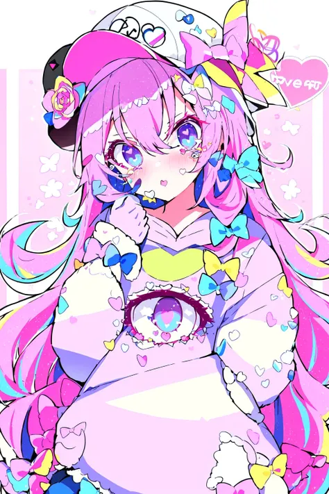 baseball cap, blue eyes, blush, crying, dress, flower, food, gloves, hair between eyes, hairband, heart o-ring, jewelry, long hair, multicolored eyes, pink bow, pink hair, pink hoodie, psychogenic dream style, simple background, solo, sticker, striped bow, upper body, white footwear, <lora:PsychogenDreamLora:0.8>