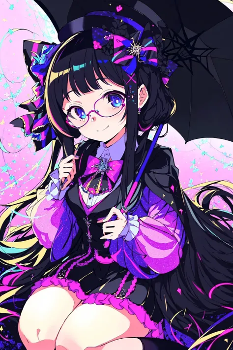 1girl, mature female, sexy, bag, black hair, black jacket, blue eyes, closed umbrella, colorful, glasses, hair bow, hair ribbon, hairclip, hand in pocket, hands up, hat, holding, long hair, looking at viewer, pink background, pink hair, plant, psychogenic dream style, sitting, smile, socks, solo, striped, top hat, <lora:PsychogenDreamLora:0.8> LimitBreakStyler Best_QualityPos BodyPositive Cent-Angle Earth-QualityPos