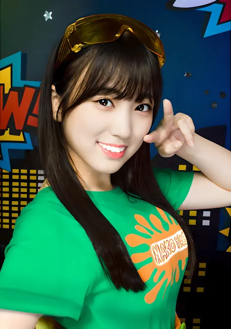 best quality, masterpiece, ultra highres, (photorealistic:1.4), (realistic:1.4),
a girl in green shirt and sunglasses on her head posing for a picture with her hand posing v sign and a city background,
<lora:Hakata_Nako:0.8>, Yabuki Nako,
(eyelashes:1.2), (cheek dimples:1.4), puffy eyes