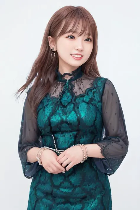 best quality, masterpiece, (photorealistic:1.3), a woman in a green dress and a grey background with a white line, 1girl, bead_bracelet, bracelet, dress, earrings, green_dress, jewelry, makeup, open_mouth, pearl_bracelet, solo, teeth, watch, waving, wristwatch, Yabuki Nako, brown_hair, short_sleeves, looking_at_viewer, realistic, smile, shirt, <lora:Nako-obentoai-v1:0.8>