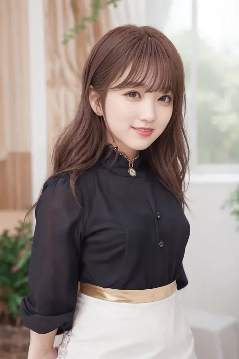 best quality, masterpiece, (photorealistic:1.3), a woman with medium hair wearing a gold dress and standing in front of a window, 1girl, blurry, blurry_background, brown_hair, bush, buttons, day, depth_of_field, jewelry, lips, long_hair, dress, shoulder crop, sleeveless, looking_at_viewer, outdoors, medium breasts, realistic, red_lips, solo, tree, upper_body, Yabuki Nako, shirt, skirt, bangs, white_shirt,  <lora:Nako-obentoai-v1:0.8>, (smile, dimple)