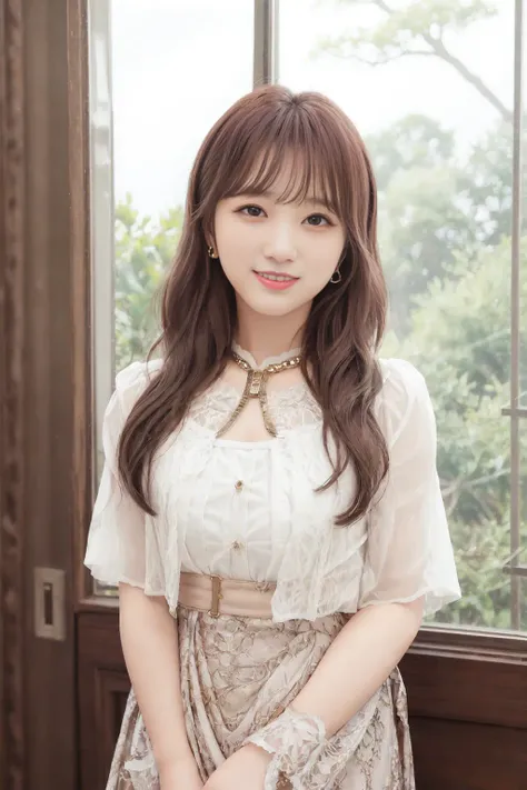 best quality, masterpiece, (photorealistic:1.3), a woman with medium hair wearing a gold dress and standing in front of a window, 1girl, blurry, blurry_background, brown_hair, bush, buttons, day, depth_of_field, jewelry, lips, long_hair, dress, shoulder crop, sleeveless, looking_at_viewer, outdoors, medium breasts, realistic, red_lips, solo, tree, upper_body, Yabuki Nako, shirt, skirt, bangs, white_shirt,  <lora:Nako-obentoai-v1:0.8>, (smile, dimple)