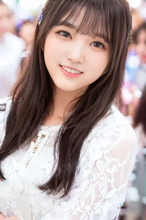 best quality, masterpiece, (photorealistic:1.3), a woman with long hair and a smile on her face is waving her hand up to the camera, 1girl, solo, shirt, black hair, looking at viewer, realistic, long hair, smile, bangs, brown eyes, nose, depth of field , Yabuki Nako, <lora:Nako-obentoai-v1:1>