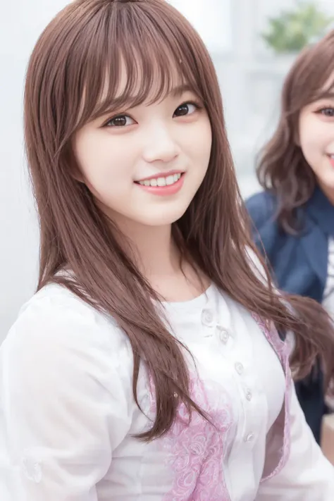 best quality, masterpiece, (photorealistic:1.3), a woman with long hair and a smile on her face is waving her hand up to the camera, 1girl, solo, shirt, brown hair, looking at viewer, realistic, long hair, smile, bangs, brown eyes, nose, depth of field , Yabuki Nako, <lora:Nako-obentoai-v1:0.8>