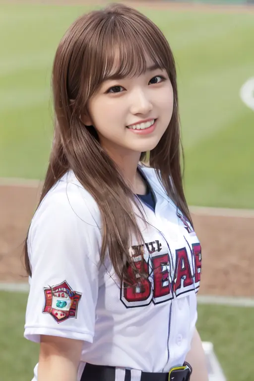 best quality, masterpiece, (photorealistic:1.3), a woman in a baseball uniform is smiling and pointing her finger down, 1girl, asian, bangs, blunt_bangs, blurry, blurry_background, brown_hair, stadium, depth_of_field, green_background, holding, lips, long_hair, long_sleeves, looking_at_viewer, nose, photo_\(medium\), realistic, smile, solo, teeth, upper_body, white_shirt, Yabuki Nako, shirt, grin, <lora:Nako-obentoai-v1:0.8>