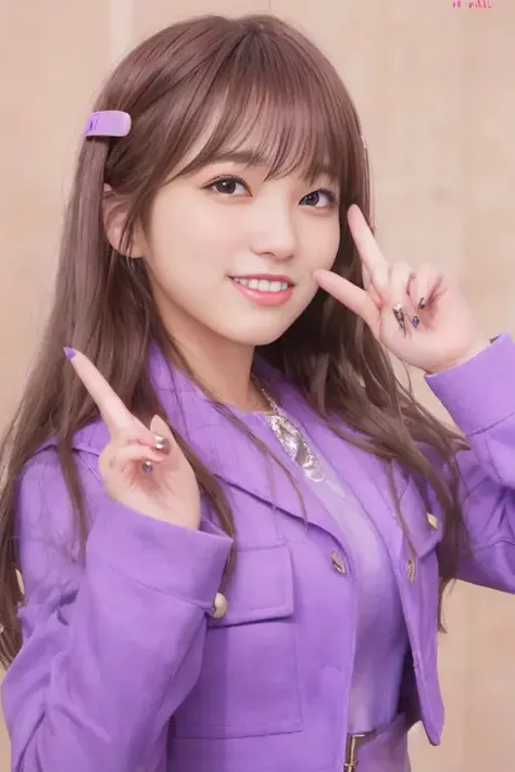 best quality, masterpiece, (photorealistic:1.3), a woman with long hair making a peace sign with her fingers and wearing a purple jacket and a ring, 1girl, bangs, blunt_bangs, brown_eyes, brown_hair, double_v, jacket, lips, long_hair, long_sleeves, looking_at_viewer, nose, purple_shirt, realistic, ring, simple_background, smile, solo, teeth, upper_body, v, Yabuki Nako, hair_ornament, hairclip, <lora:Nako-obentoai-v1:0.8>