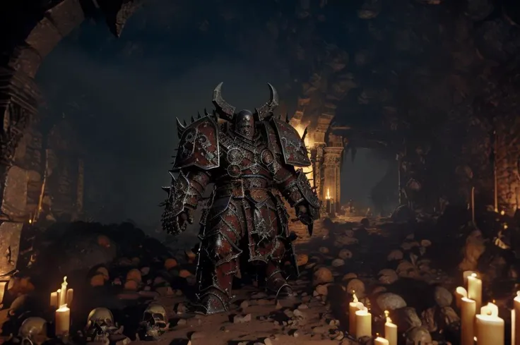 realistic analog photo, award winning photo,
<lora:chaoswarrior:0.75> ( a guy, chaos warrior:1.25), ready to fight, absurdly detailed, (blocking a tunnel entrance:1.2),
<lora:khorne:0.75> (khorne:1.1), intricate armor, skull, skulls everywhere, gothic, (bleak, terrifiying:1.1),
<lora:FantasyUnderground:0.75> fanun, (cave:1.25) decorated with skulls, (ambient light, several firepits, foggy tunnel, dimly lit, dark:1.1) ,
RAW, highres, 8k, uhd, High Dynamic Range, tonemapping, crisp details,