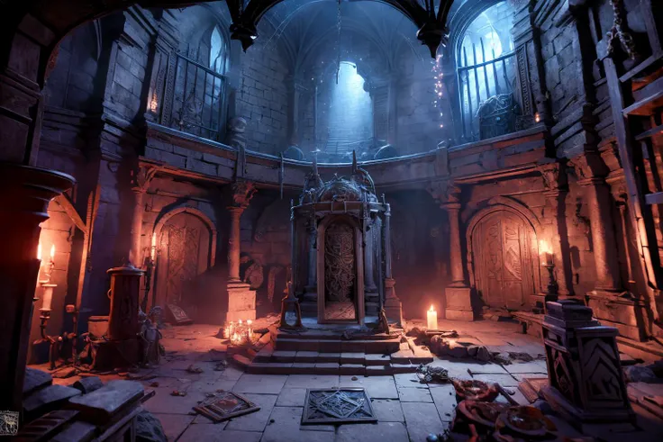 RAW photo of  a square dungeon room with several doors, alchemist laboratory, a bubbling cauldron, flasks, maps, spellbooks piled, table with scrolls on it, an inkwell and quill, candles,  torchlight,  <lora:FantasyUnderground:1>
