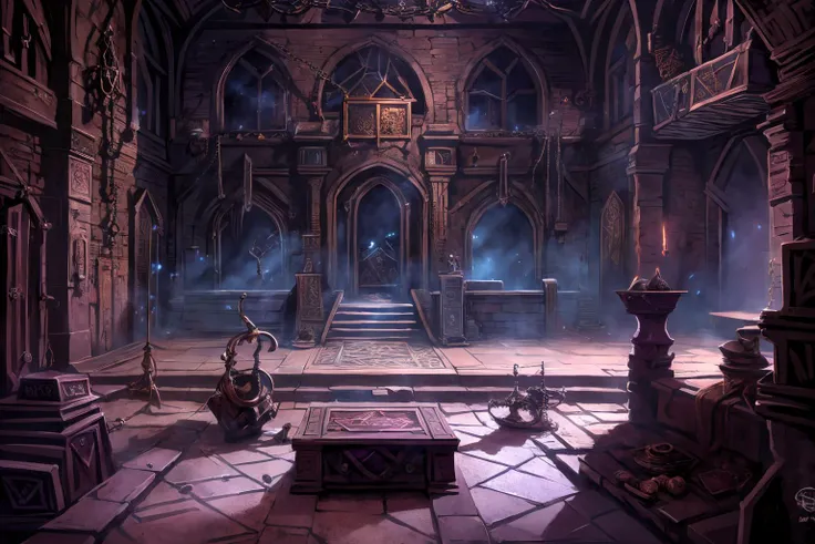RAW photo of a square dungeon room with several doors, alchemist laboratory, a bubbling cauldron, flasks, maps, spellbooks piled, table with scrolls on it, an inkwell and quill, candles, torchlight, <lora:FantasyUnderground:1>