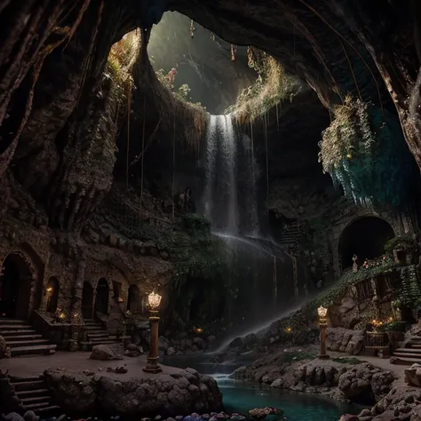 (masterpiece:1.2), (best quality,:1.2), 8k, HDR, ultra detailed, ((photorealistic)), professional light, cinematic lighting, fashion photography, ambient lighting, <lora:detail_slider_v4:4>, a big magical underground cavern with a waterfall, FanUn, <lora:FantasyUnderground-10:1>, epiCPhoto,
