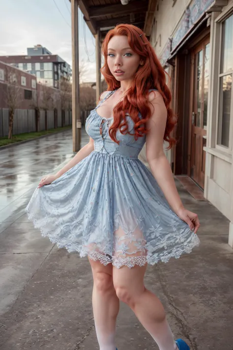 ((1girl)), austin_white, modelshoot style, (extremely detailed 8k wallpaper), masterpiece, best quality, ((intricate detail)), absurdres, ((drawn)), (((red hair))), ((blue eyes)), ((perfect face)), wearing baby_doll_dress, white knee socks, mary jane shoes, (tone mapped), ((outline)), dynamic angle, dynamic pose, <lora:Austin_White_MK1:1> <lora:baby_doll_dress:0.4>
