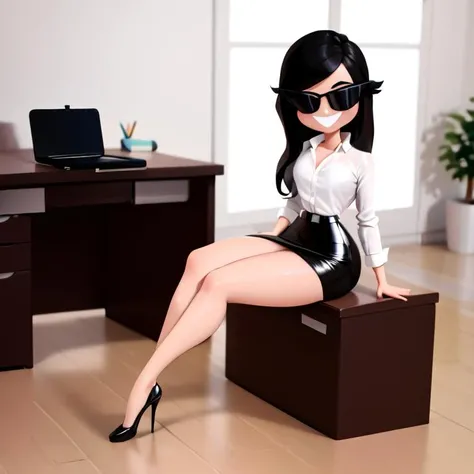 (best quality, top quality), sunnification, 1girl, solo, curvy, large chest, sunglasses, smile, black hair, long hair, secretary, black jacket, white shirt, black pencil skirt, high heels, narrow waist, wide hips, thights, tiptoes, sitting, full body, indoor, desk, <lora:sunnification-10_v4:0.9>