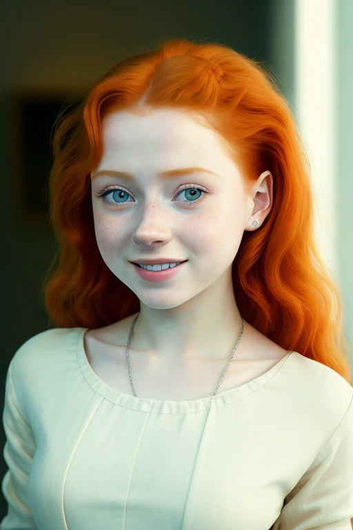 masterpiece, best quality, photorealistic, high detail,
portrait of young redhead woman,cherrynobodysd15, smiling, white top, happy eyes,
diffuse light, dslr, backlight, skin texture, detailed skin