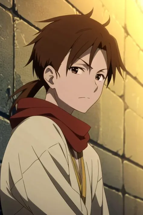 masterpiece, best quality, illustration, 1boy, solo, male focus, looking at viewer, upper body, depth of field, , , <lora:mihaya_akagami_no_shirayuki-hime:0.74>, mihaya_akagami_no_shirayuki-hime, brown hair, brown eyes, low ponytail