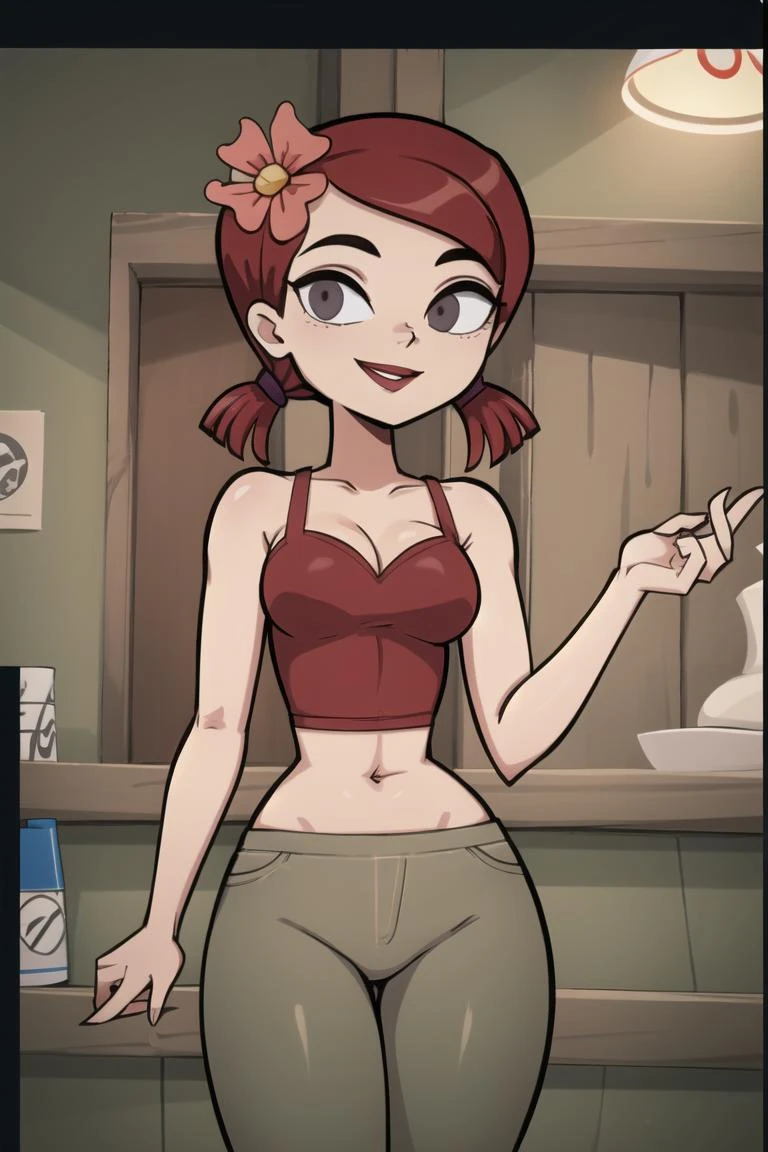 ((masterpiece,best quality)), absurdres,
<lora:Zoey_Total_Drama:0.7>, Zoey_Total_Drama, pants,
solo, smiling, looking at viewer, cowboy shot, ,
cinematic composition, contrapposto