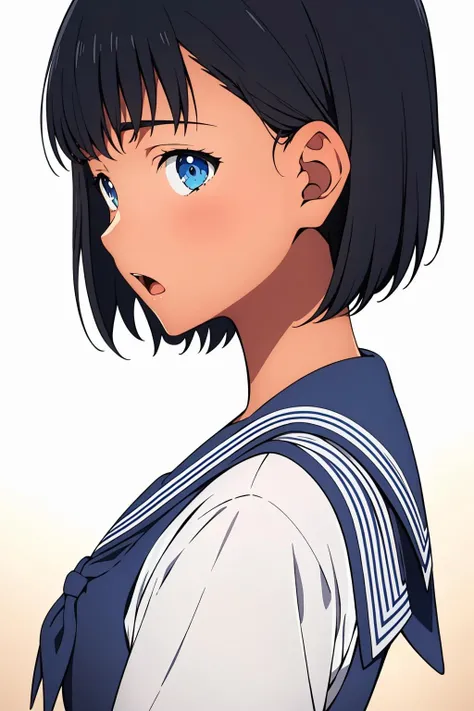 colorful,hyper detail,dramatic light,intricate details,masterpiece,best quality,(wallpaper, masterpiece, best quality, ultra-detailed, best shadow),(detailed background:1.4),(beautiful detailed face, beautiful detailed eyes),high contrast,(best illumination, an extremely delicate and beautiful),(1girl:1.2),kofune_mio,blue eyes,school uniform,JK,looking at viewer,dark skin,small breast,short hair,open mouth slightly,blush,holding hair with one hand,back and side view,<lora:kofunemio:0.9>,