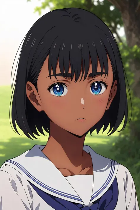 colorful,hyper detail,dramatic light,intricate details,masterpiece,best quality,(wallpaper, masterpiece, best quality, ultra-detailed, best shadow),(detailed background:1.4),(beautiful detailed face, beautiful detailed eyes),high contrast,(best illumination, an extremely delicate and beautiful),(1girl:1.2),blue eyes,kofune_mio,school uniform,outdoors,bush,breasts,(looking at viewer:1.2),dark skin,sunny,short hair,blush,<lora:kofunemio:0.8>,<lora:EyesGen:0.4>,