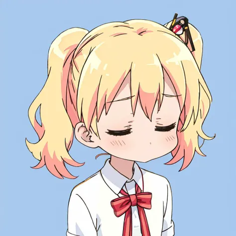 renchon mouth, upper body, closed eyes, alice cartelet, striped bow, hair ornament, white collared shirt, simple background <lora:renchon_mouth-v3:1> <lora:alice_cartelet-v2:0.7>