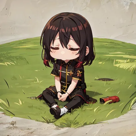 renchon mouth, solo, closed eyes, sitting, on grass, (chibi:1.3) <lora:renchon_mouth-v3:1>