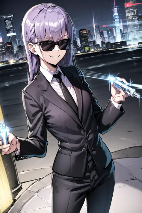 mib suit,  meltryllis \(fate\), wide hips, sunglasses, suit jacket, white shirt, suit pants, black necktie, black pants, neuralyzer, holding neuralyzer, flash, looking at viewer, sunglasses, smile, cityscape, <lora:MIB Suit and Neuralyzer V4:0.6>, <lora:meltryllisFateLora_meltryllisv2Realism:0.6>,