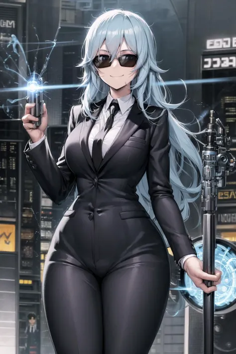 mib suit, light blue hair, large breasts, wide hips, sunglasses, suit jacket, white shirt, suit pants, black necktie, (black pants), (black jacket), neuralyzer, holding neuralyzer, flash, aiming at viewer, looking at viewer, looking at viewer, sunglasses, smile, cityscape, <lora:MIB Suit and Neuralyzer V4:0.6>