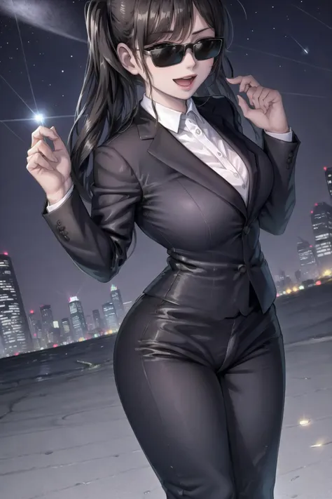 MIB suit, 1girl, large breasts, wide hips, :d, sunglasses, suit pants, suit jacket, starry sky, night, cityscape, <lora:MIB Suit and Neuralyzer V1:0.6>, <lora:fashionGirl_v50:0.6>, fashi-girl,