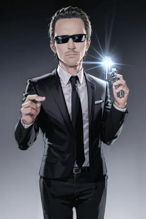 mib suit, neuralyzer, holding neuralyzer, flash, <lora:MIB Suit and Neuralyzer V2:0.6>