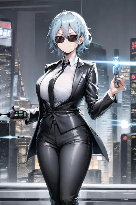 mib suit,  light blue hair, large breasts, wide hips, sunglasses, suit jacket, white shirt, suit pants, black necktie, (black pants), (black jacket), neuralyzer, holding neuralyzer, flash, aiming at viewer, looking at viewer, looking at viewer, sunglasses, smile, cityscape, <lora:MIB Suit and Neuralyzer V4:0.6>