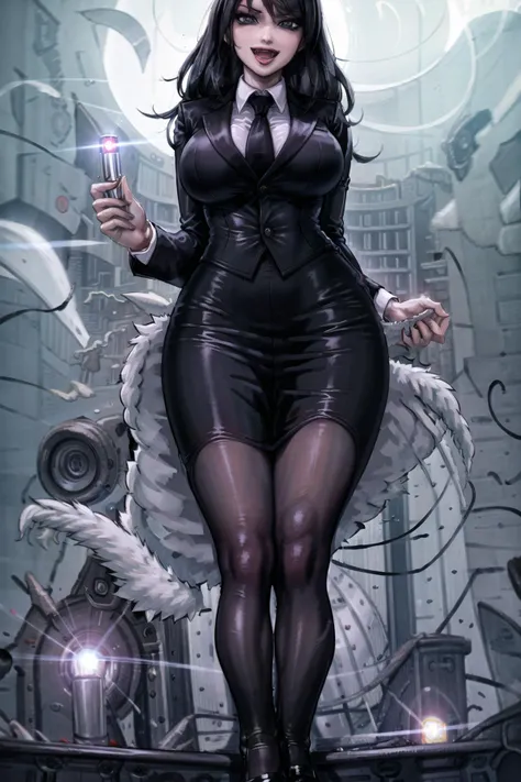mib suit, neuralyzer, holding neuralyzer, flash, white pupils, :d, pencil skirt, large breasts, wide hips, vampirella, vampire, fangs, full moon, cityscape, <lora:MIB Suit and Neuralyzer V2:0.6>, <lora:Vampirella V1:0.6>
